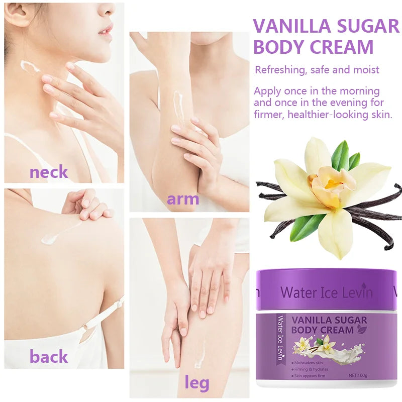 Vanilla Sugar Body Cream. Hyaluronic Acid Collagen Glycerin. Deeply Moisturizes Firms Hydrates Skin. 100g Net Weight.