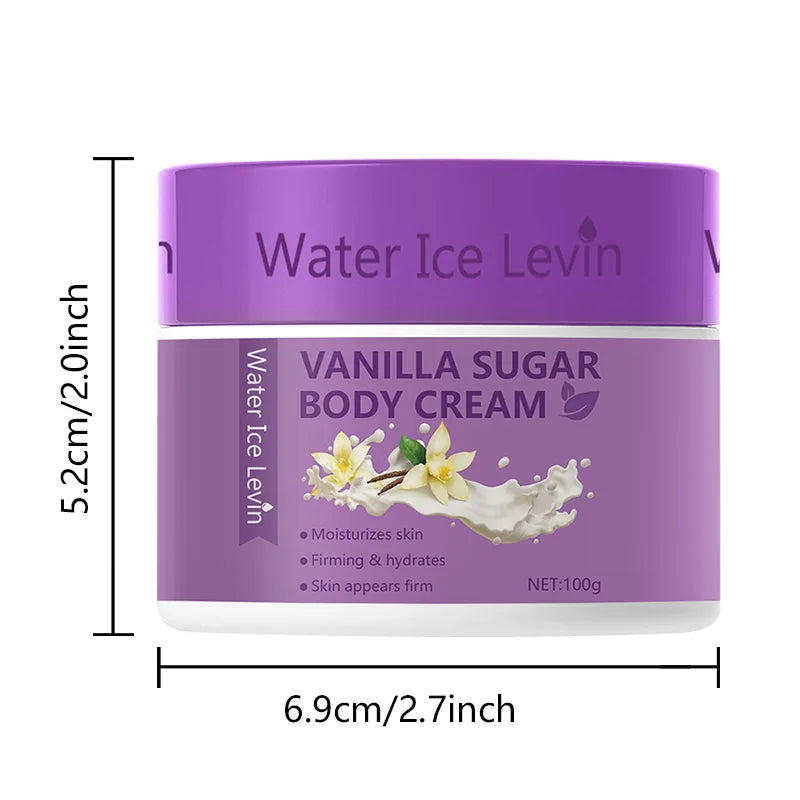 Vanilla Sugar Body Cream. Hyaluronic Acid Collagen Glycerin. Deeply Moisturizes Firms Hydrates Skin. 100g Net Weight.