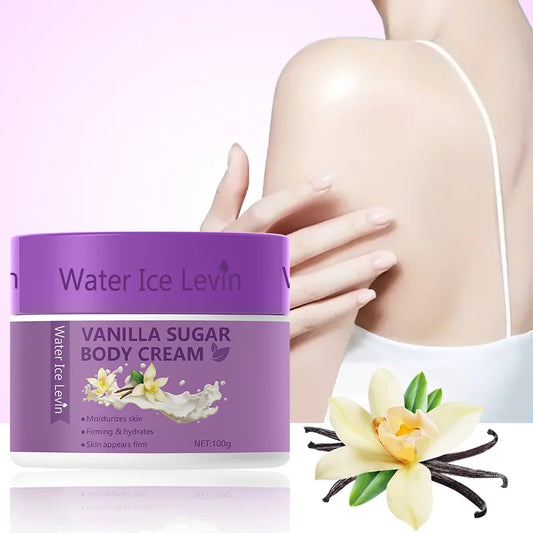 Vanilla Sugar Body Cream. Hyaluronic Acid Collagen Glycerin. Deeply Moisturizes Firms Hydrates Skin. 100g Net Weight.