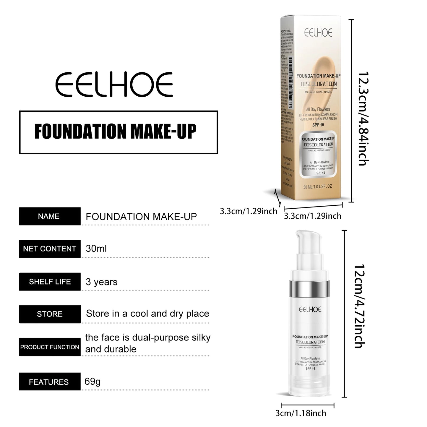 EELHOE Color Changing Makeup Foundation Lasting Moisturizing Non-greasy Matte Concealer Sweatproof Natural Brightening Makeup