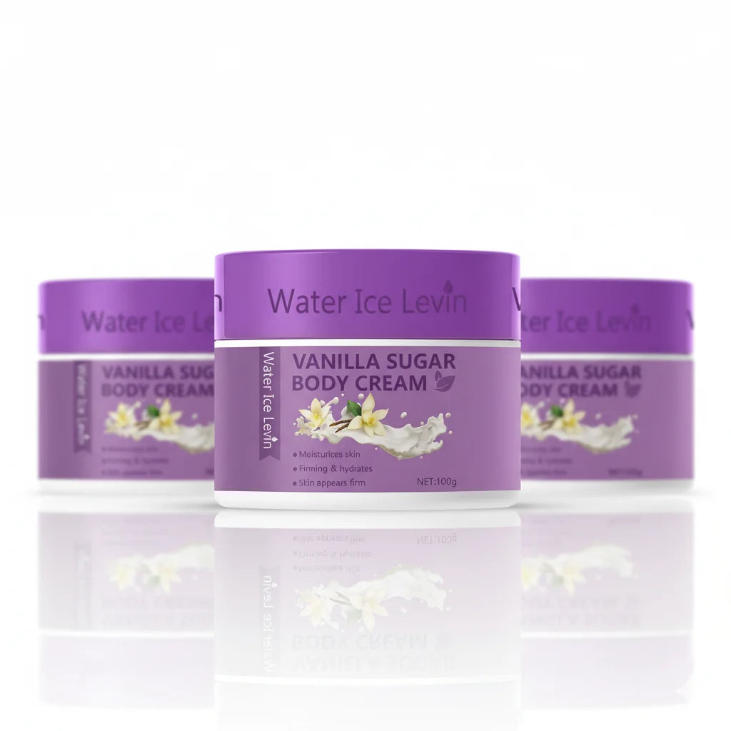 Vanilla Sugar Body Cream. Hyaluronic Acid Collagen Glycerin. Deeply Moisturizes Firms Hydrates Skin. 100g Net Weight.