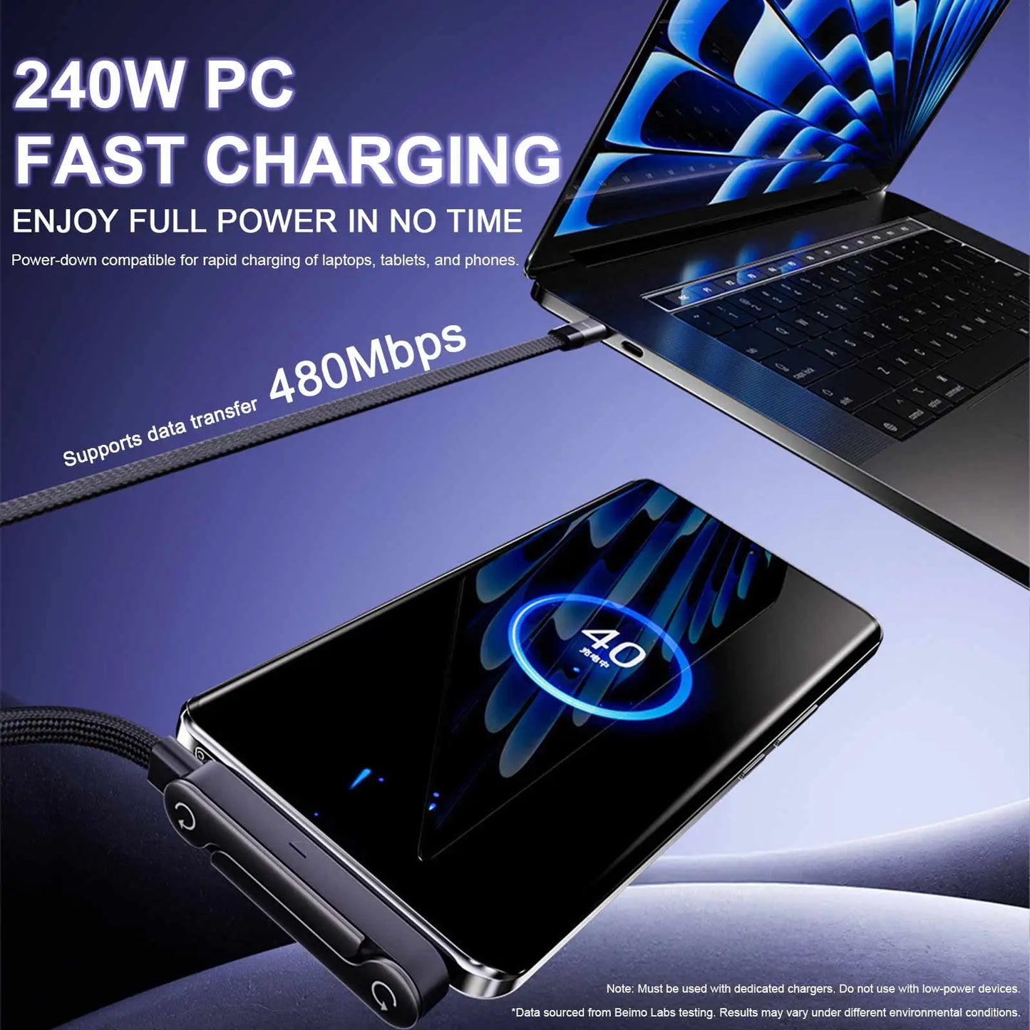 240W Fast Charging Foldable Phone Holder Data Cable 5 FT Fast Charging Cable Phone Tablet Foldable Holder for Android/Tablet