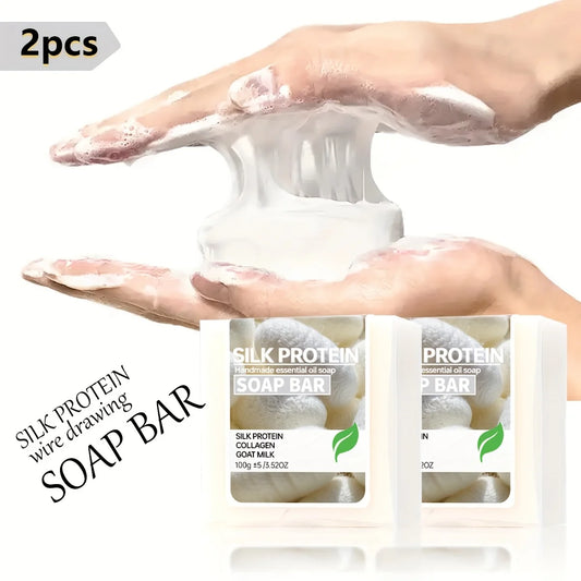 2Pcs/Silk Protein Drawing Soap Goat Milk Moisturizing Cleansing Soap Collagen Soap