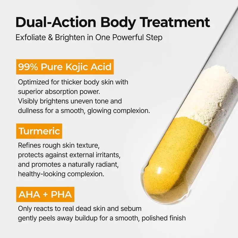 Kojic Acid Turmeric Body Scrub Spray: Deeply cleanses and moisturizes, gently removing dead skin cells.