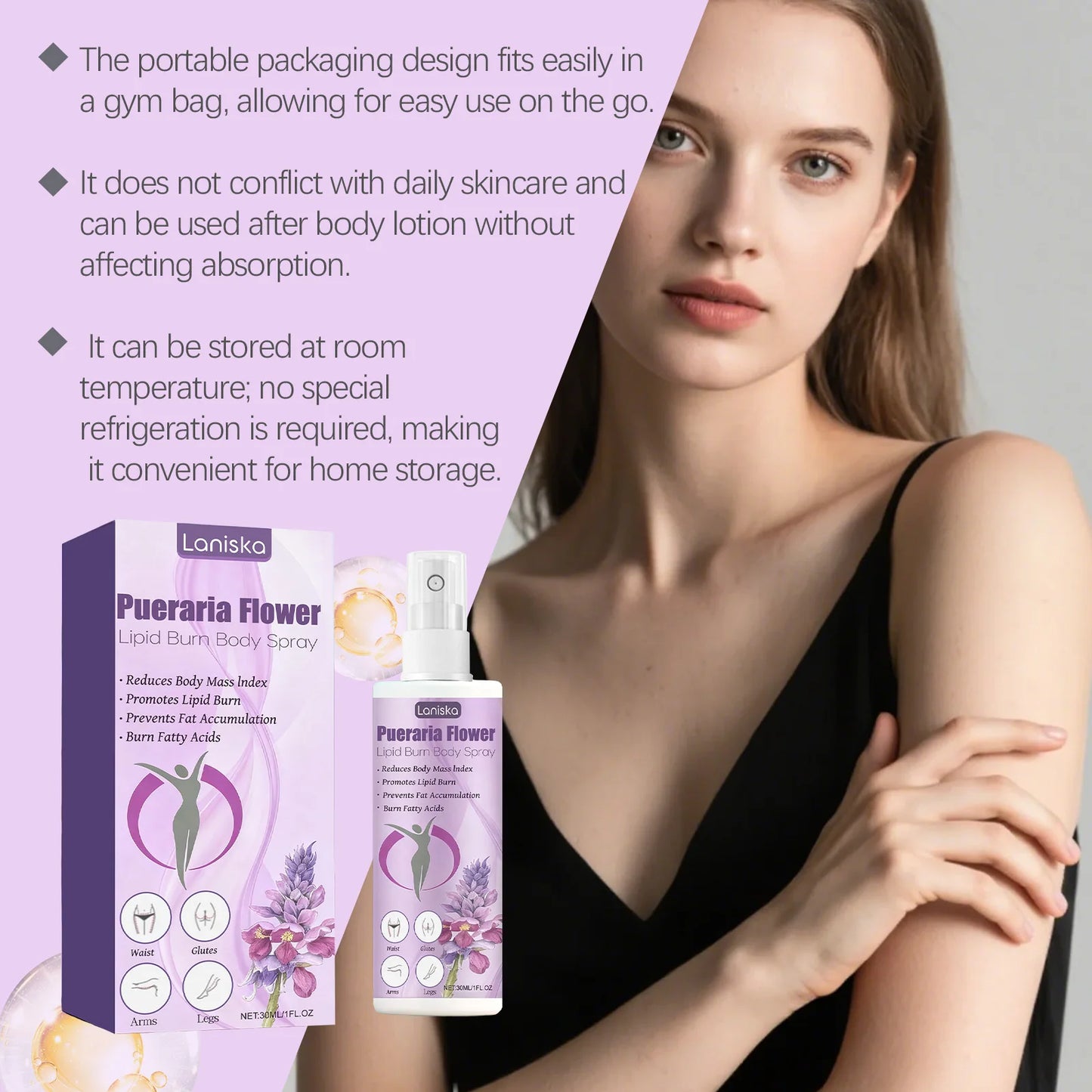 Pueraria Flower Body Care Spray Promoting Blood Circulation Lightweight Easily Absorbed Non-Greasy Suitable for Daily Use