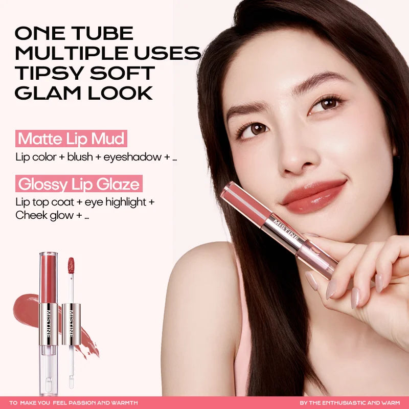 Mitstine Lip Gloss Double Headed Color Holding Lip Tint Hydrating Shine Glowy/Matte Finish Makeup 0.05fl oz+0.05 fl oz