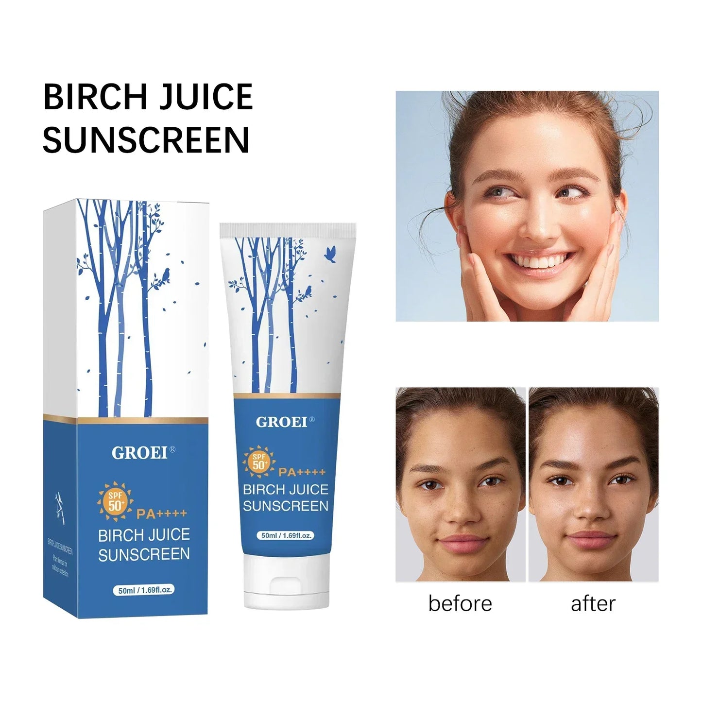GROEI 50ml Birch Tree Sunscreen, SPF50+ PA++++, Oil-Free Non-Sticky, Hydrating Gentle for Daily Sun Protection