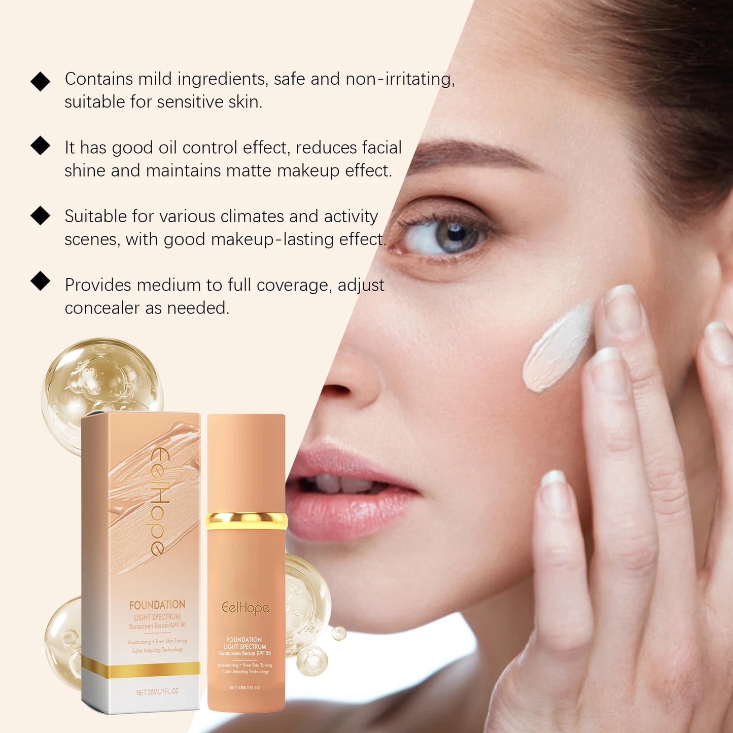 Color Changing Foundation Light Spectrum Sunscreen Serum SPF 50 Concealer Full Coverage Moisturizing Face Makeup Base Cosmetics