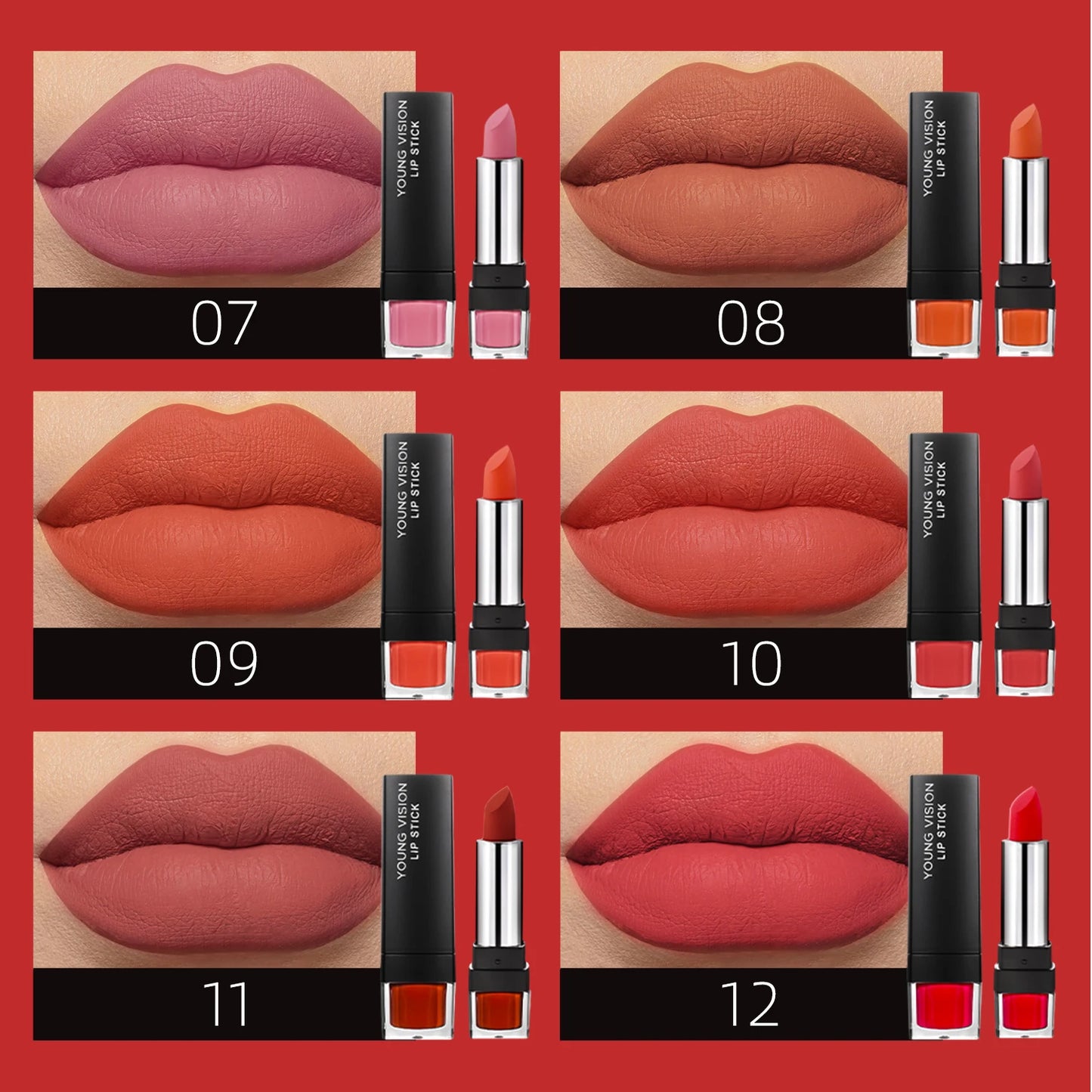 YOUNG VISION 12-Color Velvet Lipstick Long-Lasting Nude Waterproof Matte Non-Transfer Lipstick Women's Cosmetics Makeup