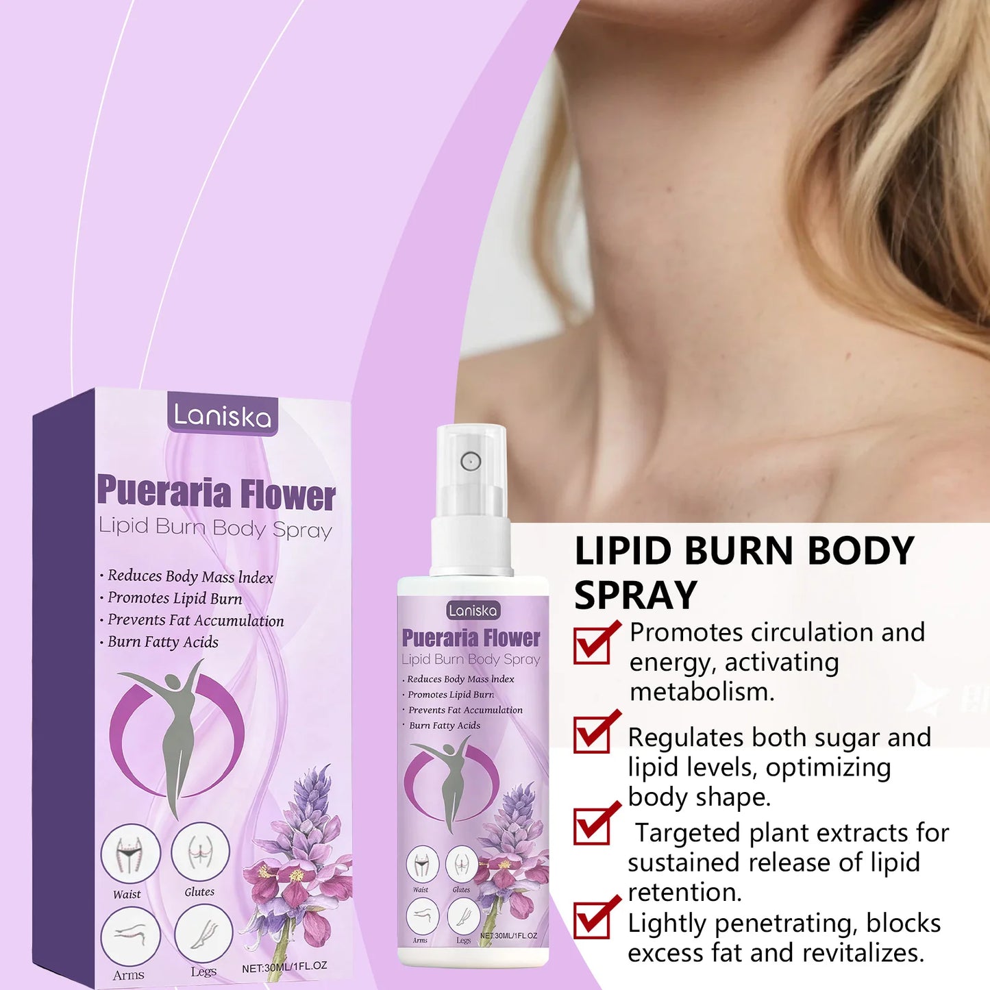 Pueraria Flower Body Care Spray Promoting Blood Circulation Lightweight Easily Absorbed Non-Greasy Suitable for Daily Use