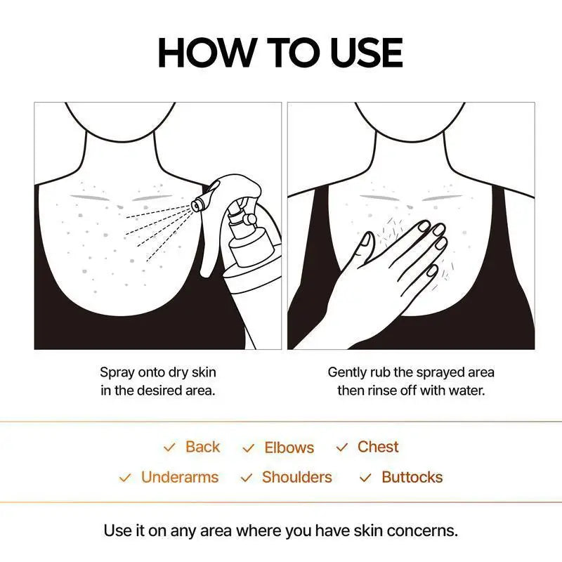 Kojic Acid Turmeric Body Scrub Spray: Deeply cleanses and moisturizes, gently removing dead skin cells.