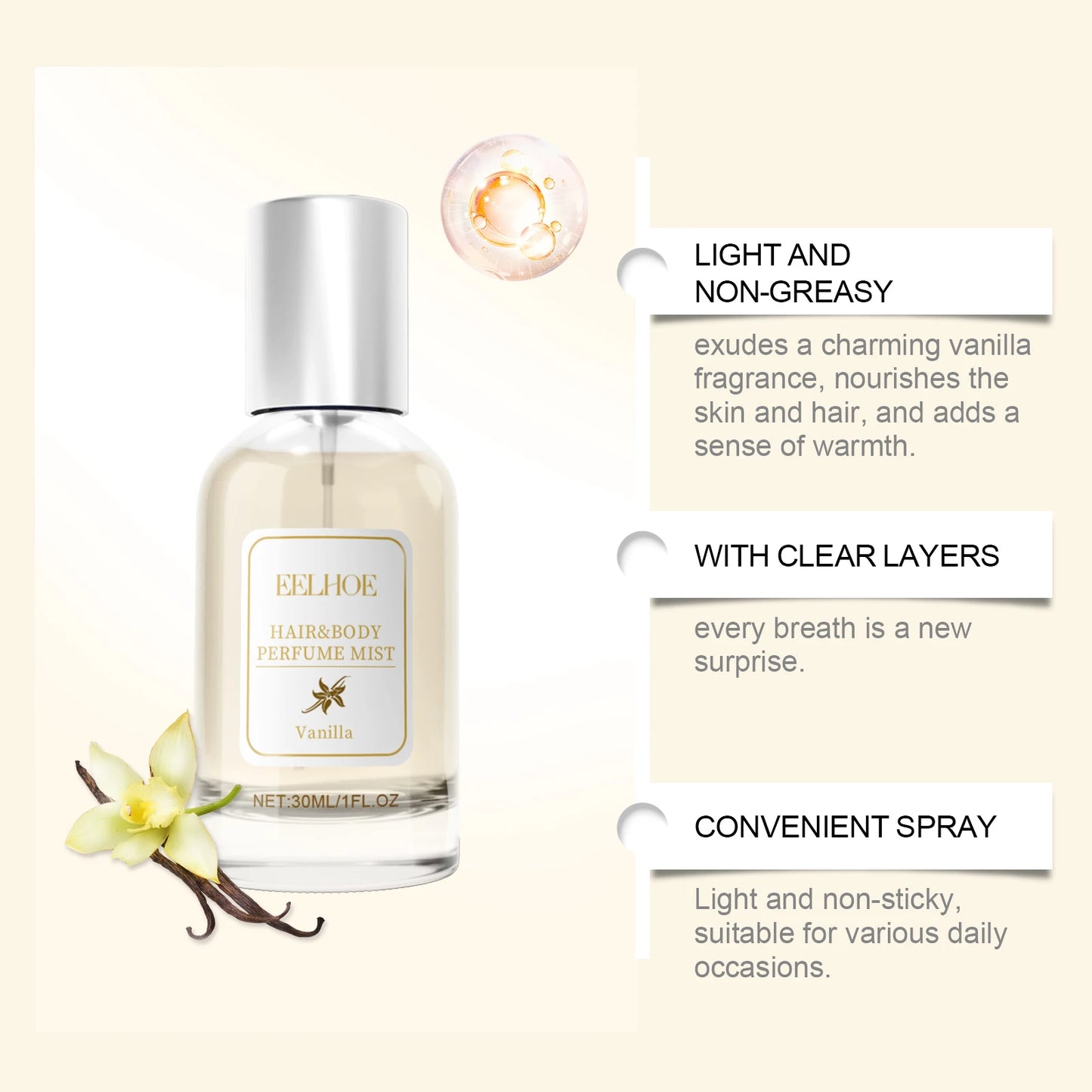 EELHOE 30ml Vanilla Body Perfume Mist Fresh Natural Romantic Scent Lasting Pheromone Comforting Body Hair Eau De Parfum Spray