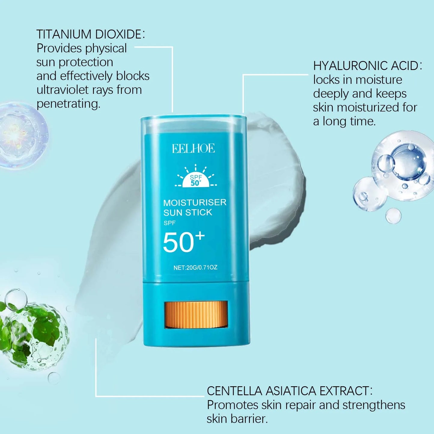 EELHOE 20g Centella Sunscreen Cream Stick SPF 50+ Long-lasting Anti-UV Deep Moisturizer Collagen Protector Isolation Facial Care