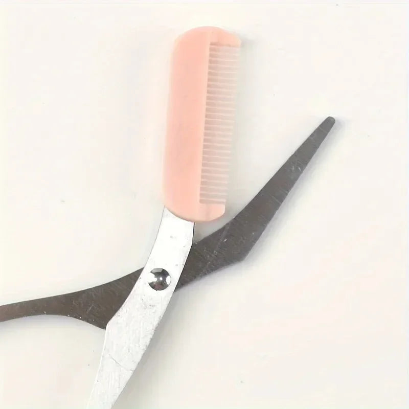 Pink eyebrow trimming scissors with built-in comb - stainless steel, precise grooming tool, creating perfect eyebrows