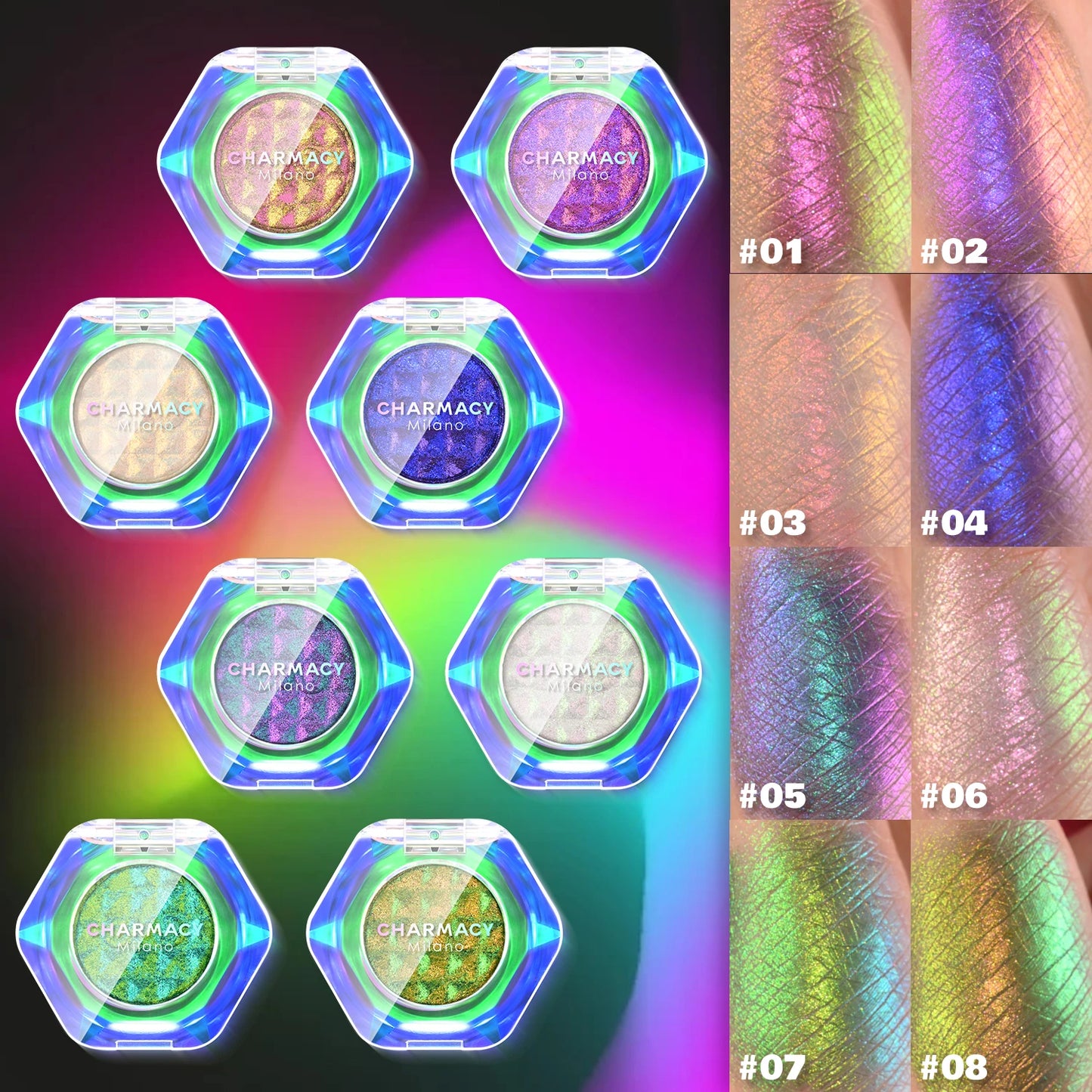 CHARMACY Multichrome Eyeshadow Palette 8 Colors Shimmer Waterproof Long-lasting Professional Eye Shadow Cosmetic Makeup
