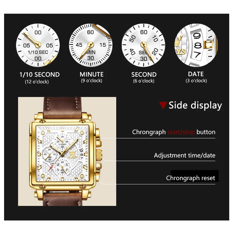 OLEVS 9925 Men's  Square Quality Quartz Wristwatch Chronograph Waterproof Original Watch for Man Luminous Date Luxury