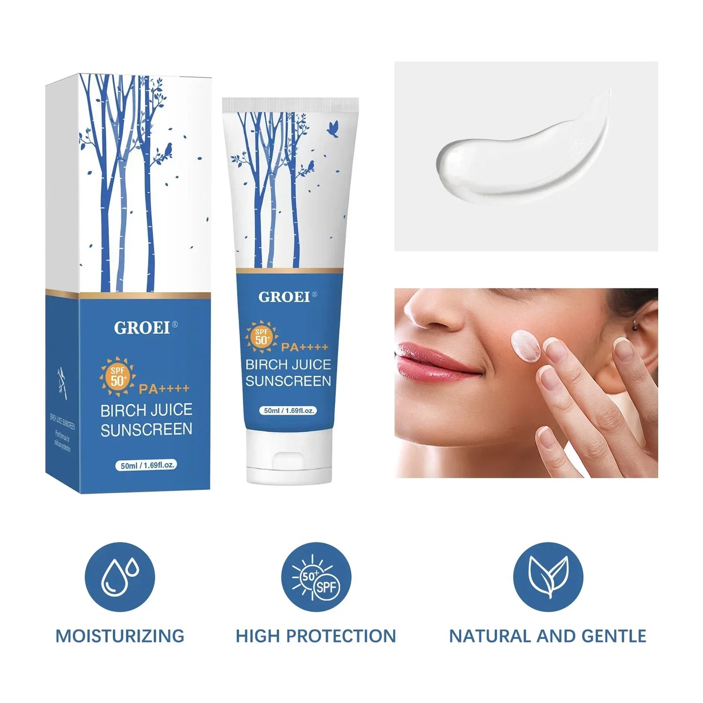 GROEI 50ml Birch Tree Sunscreen, SPF50+ PA++++, Oil-Free Non-Sticky, Hydrating Gentle for Daily Sun Protection