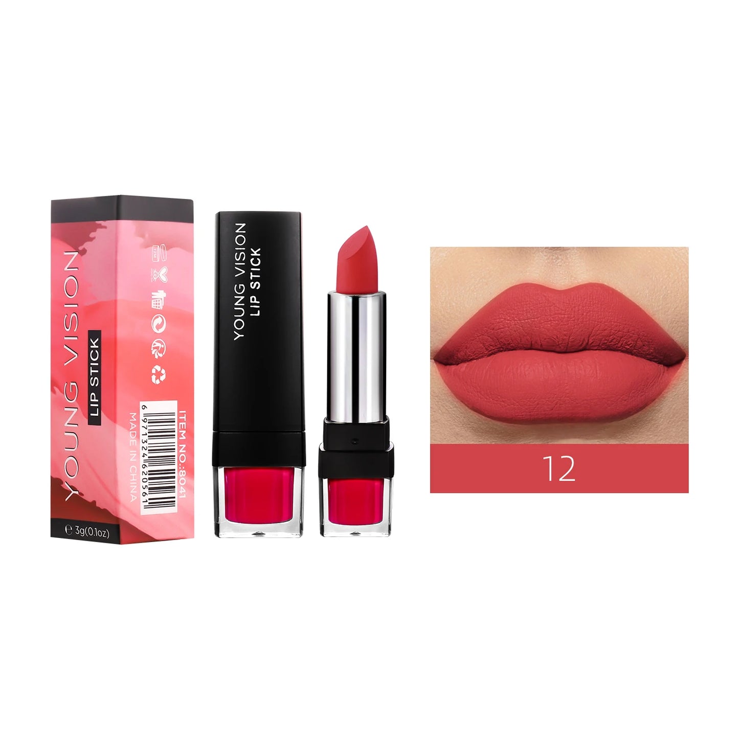 YOUNG VISION 12-Color Velvet Lipstick Long-Lasting Nude Waterproof Matte Non-Transfer Lipstick Women's Cosmetics Makeup