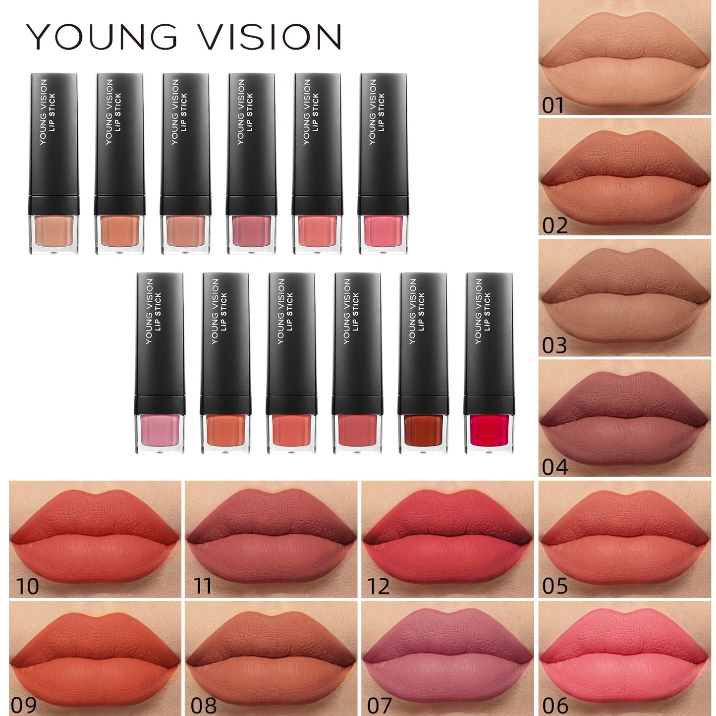 YOUNG VISION 12-Color Velvet Lipstick Long-Lasting Nude Waterproof Matte Non-Transfer Lipstick Women's Cosmetics Makeup