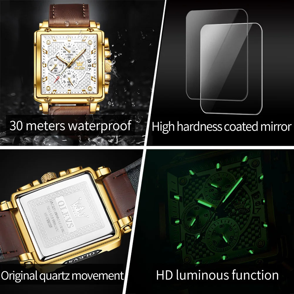 OLEVS 9925 Men's  Square Quality Quartz Wristwatch Chronograph Waterproof Original Watch for Man Luminous Date Luxury