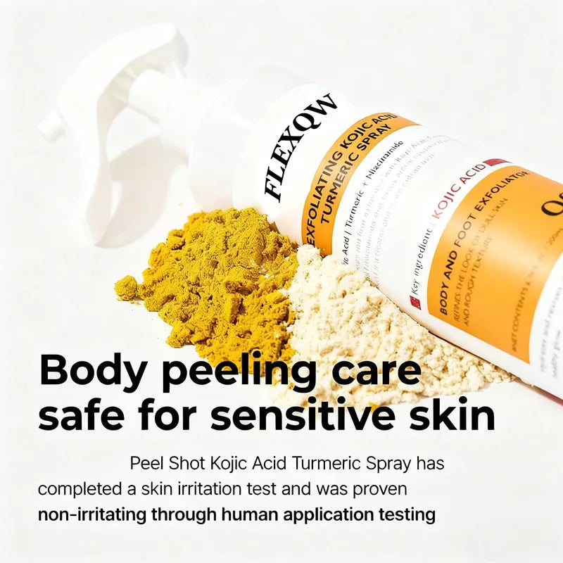 Kojic Acid Turmeric Body Scrub Spray: Deeply cleanses and moisturizes, gently removing dead skin cells.