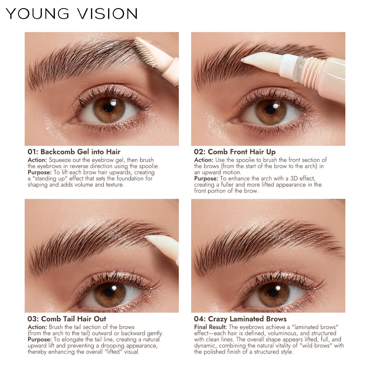 YOUNG VISION 3D Brow Gel Waterproof & Smudge-Proof Silicone Brush Tip Long-Lasting Hold All-Day Wear Defined eyebrow gel