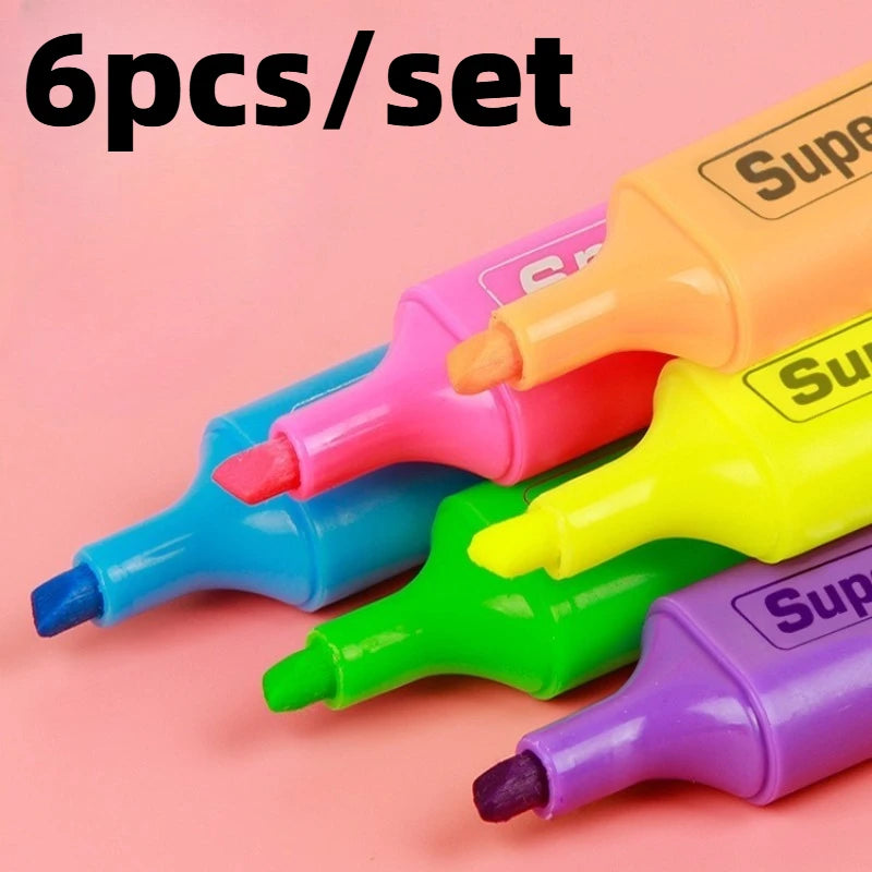 6pcs/Set Blique Highlighters Explosive Marker Colorful Underline Marker High Capacity Highlighter Office School Supplies
